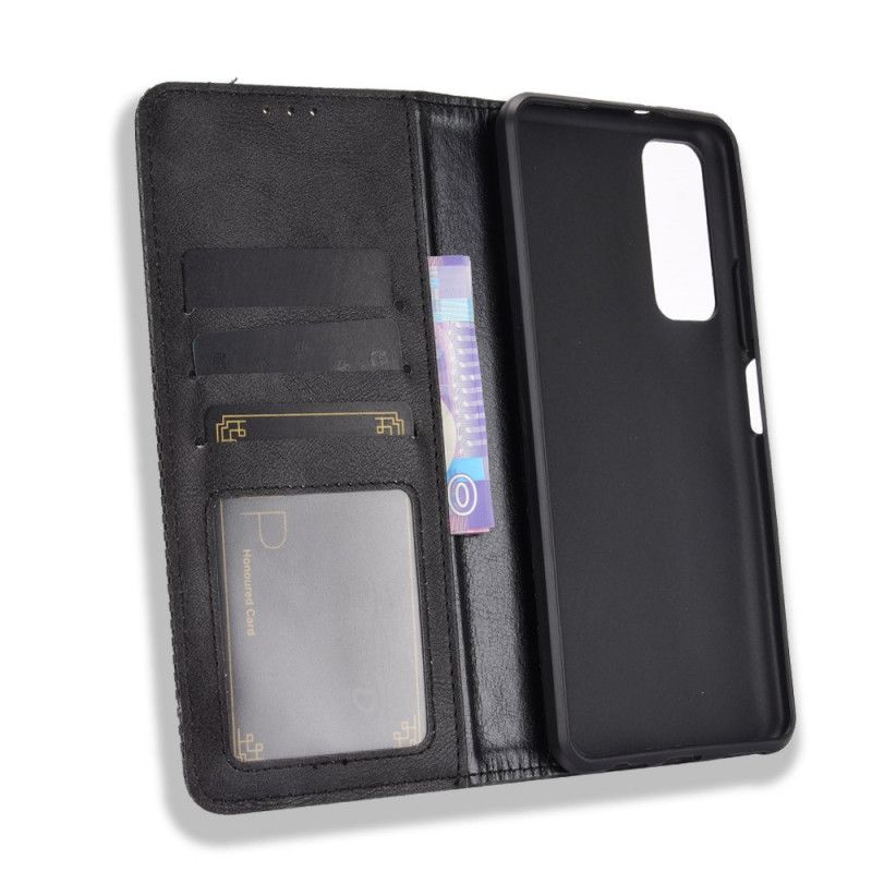 Flip Case Huawei P Smart 2021 Schwarz Handyhülle Stilisierter Vintage-Ledereffekt