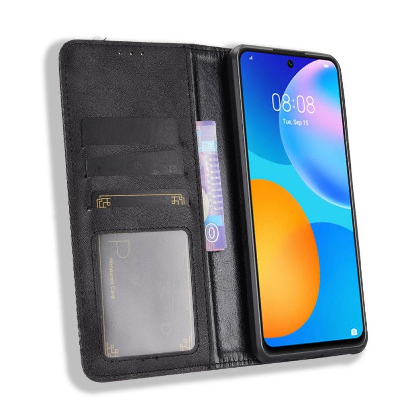 Flip Case Huawei P Smart 2021 Schwarz Handyhülle Stilisierter Vintage-Ledereffekt