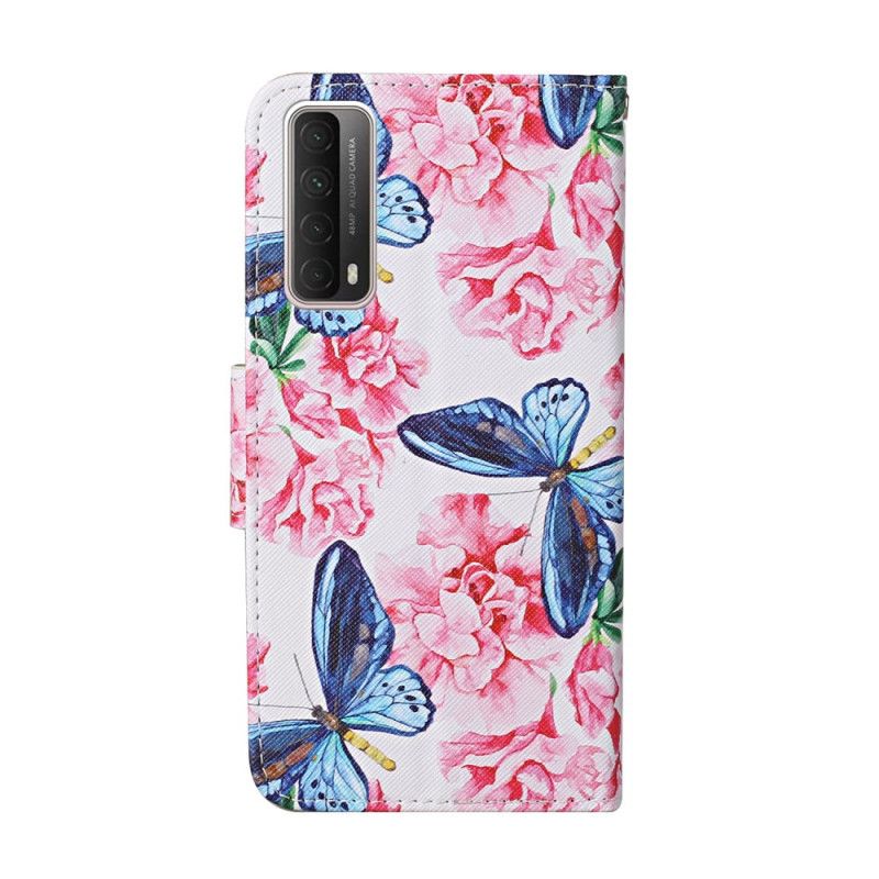 Lederhüllen Huawei P Smart 2021 Magenta Tanga Blumenschmetterlinge