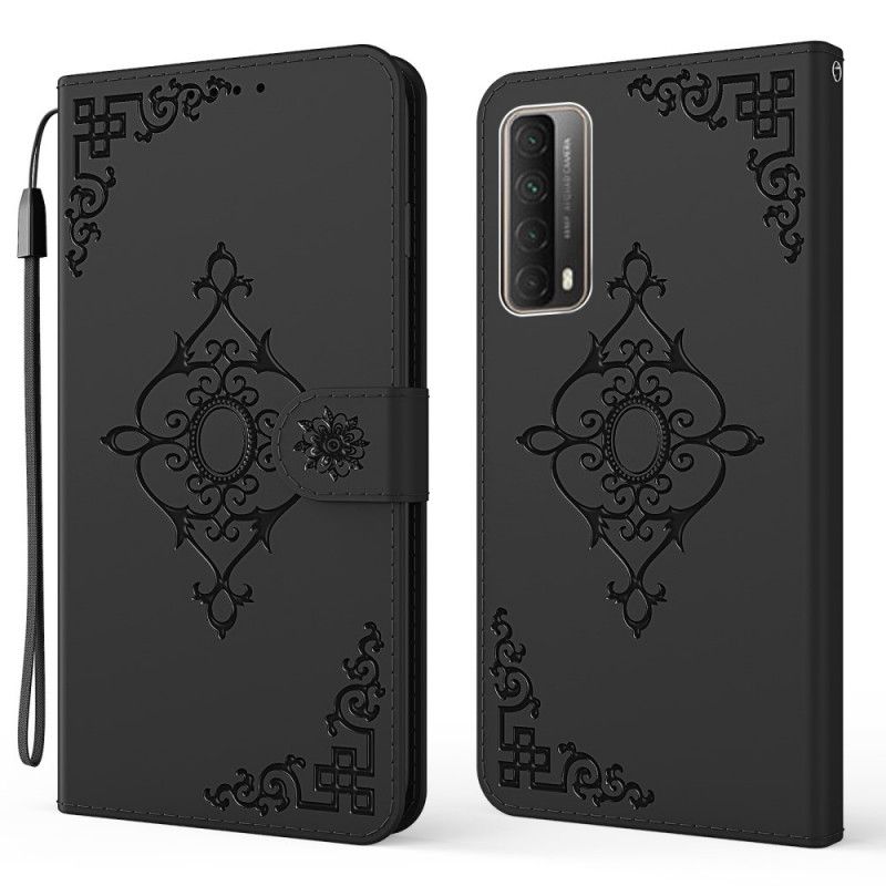 Lederhüllen Huawei P Smart 2021 Schwarz Barockblume Mit Riemen