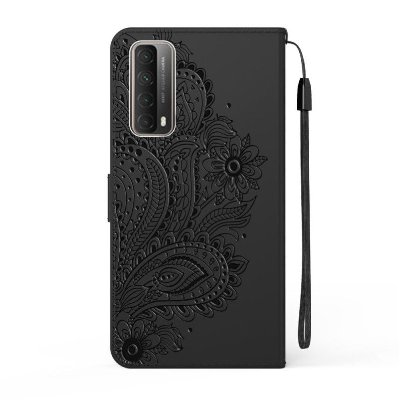 Lederhüllen Huawei P Smart 2021 Schwarz Pfauenblume Mit Tanga