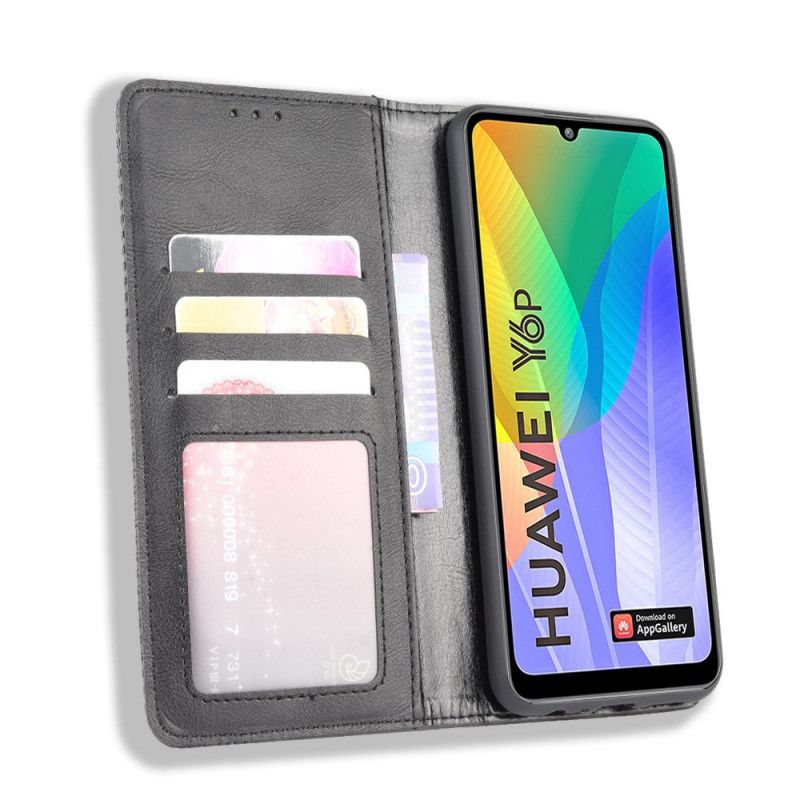 Flip Case Huawei Y6p Schwarz Stilisierter Vintage-Ledereffekt