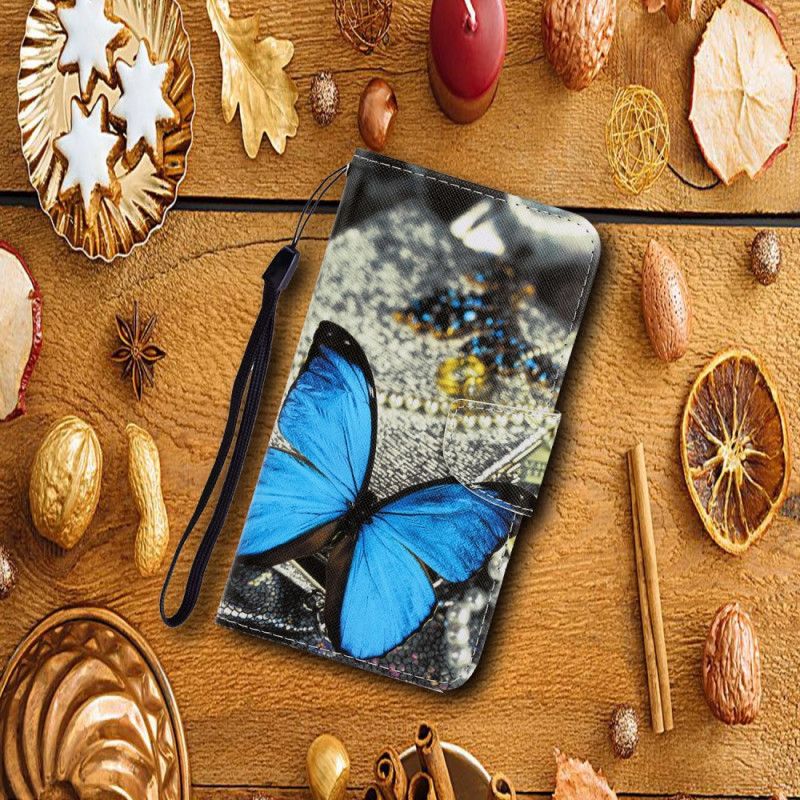 Lederhüllen Huawei Y6p Dunkelblau Schmetterlingsvariationen Mit Tanga