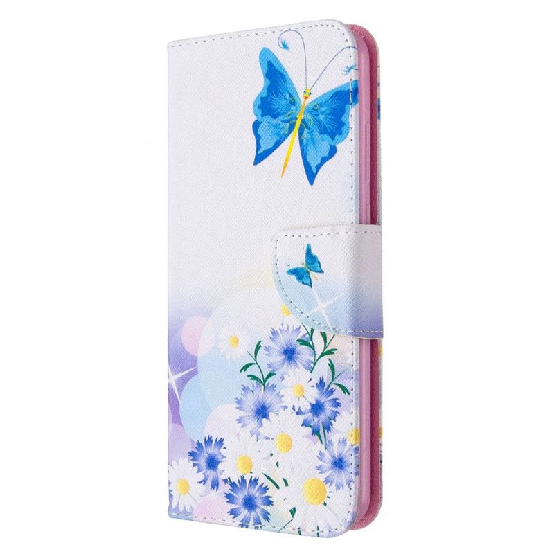 Lederhüllen Huawei Y6p Magenta Bemalte Schmetterlinge Und Blumen