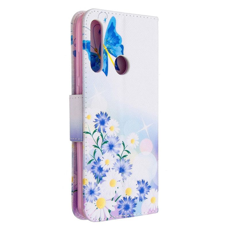 Lederhüllen Huawei Y6p Magenta Bemalte Schmetterlinge Und Blumen