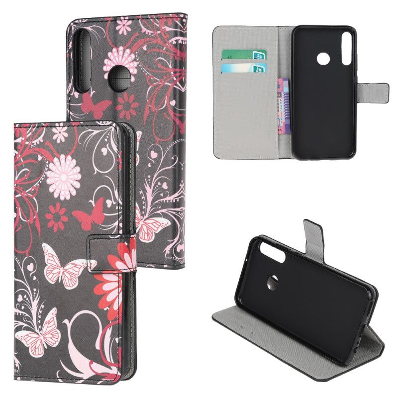 Lederhüllen Huawei Y6p Schwarz Schmetterlinge Und Blumen