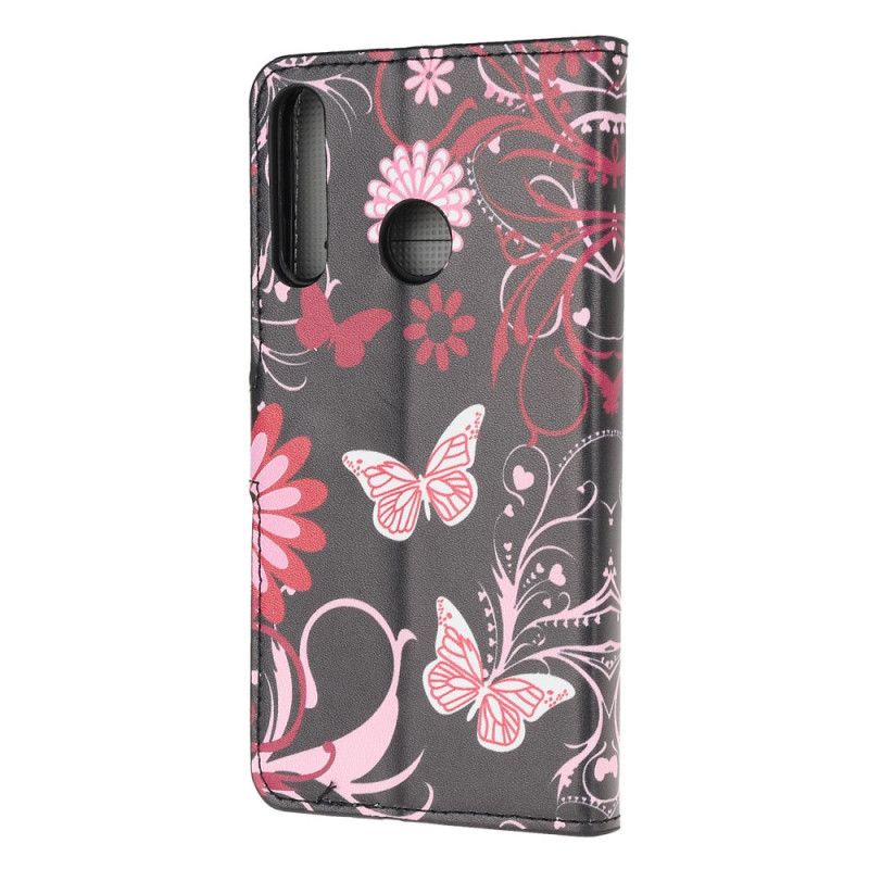 Lederhüllen Huawei Y6p Schwarz Schmetterlinge Und Blumen
