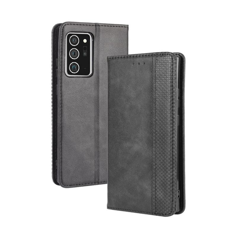 Flip Case Samsung Galaxy Note 20 Schwarz Stilisierter Vintage-Ledereffekt