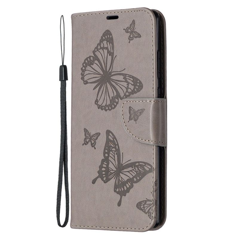 Lederhüllen Samsung Galaxy Note 20 Grau Schmetterlinge Und Schräge Klappe
