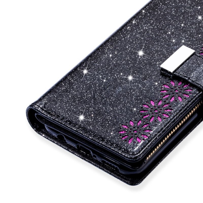 Lederhüllen Samsung Galaxy Note 20 Schwarz Brieftasche Mit Reißverschluss Aus Pailletten