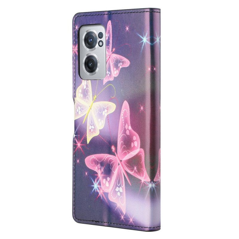 Flip Case Für OnePlus Nord CE 2 5G Neon-schmetterlinge