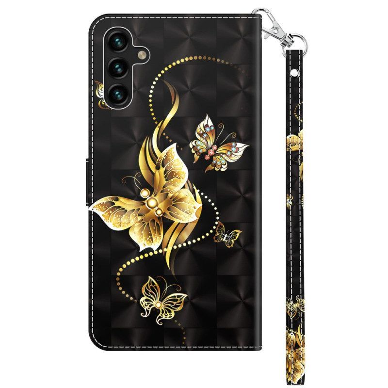 Lederhüllen Für Samsung Galaxy A14 / A14 5G Mit Kordel Goldene Schmetterlinge Mit Riemen