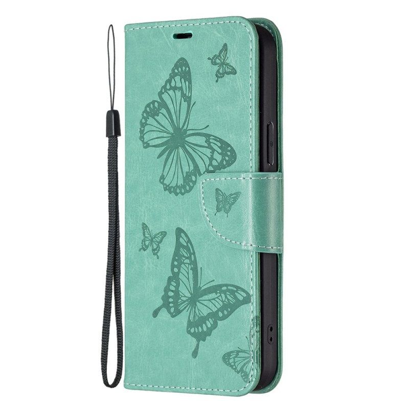Lederhüllen Für Samsung Galaxy A14 / A14 5G Mit Kordel Riemchen Mit Schmetterlingen-print
