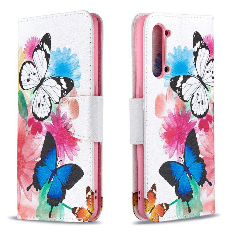 Lederhüllen Für Oppo Find X2 Lite Magenta Bemalte Schmetterlinge Und Blumen