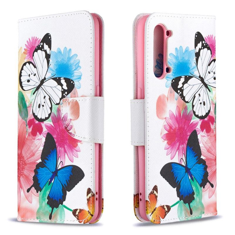 Lederhüllen Für Oppo Find X2 Lite Magenta Bemalte Schmetterlinge Und Blumen