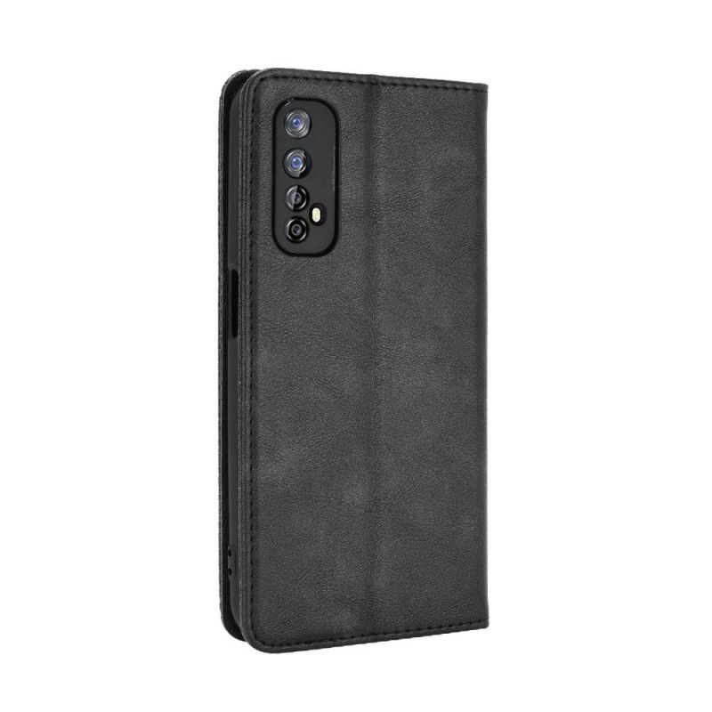 Flip Case Realme 7 Schwarz Stilisierter Vintage-Ledereffekt