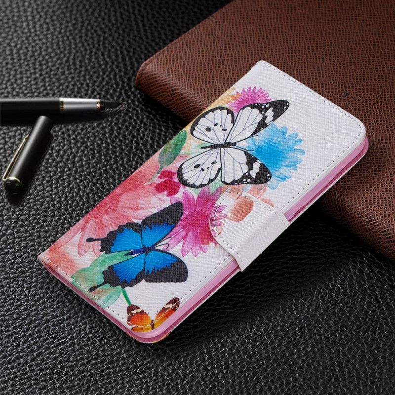 Lederhüllen Für Xiaomi Redmi Note 9 Magenta Bemalte Schmetterlinge Und Blumen