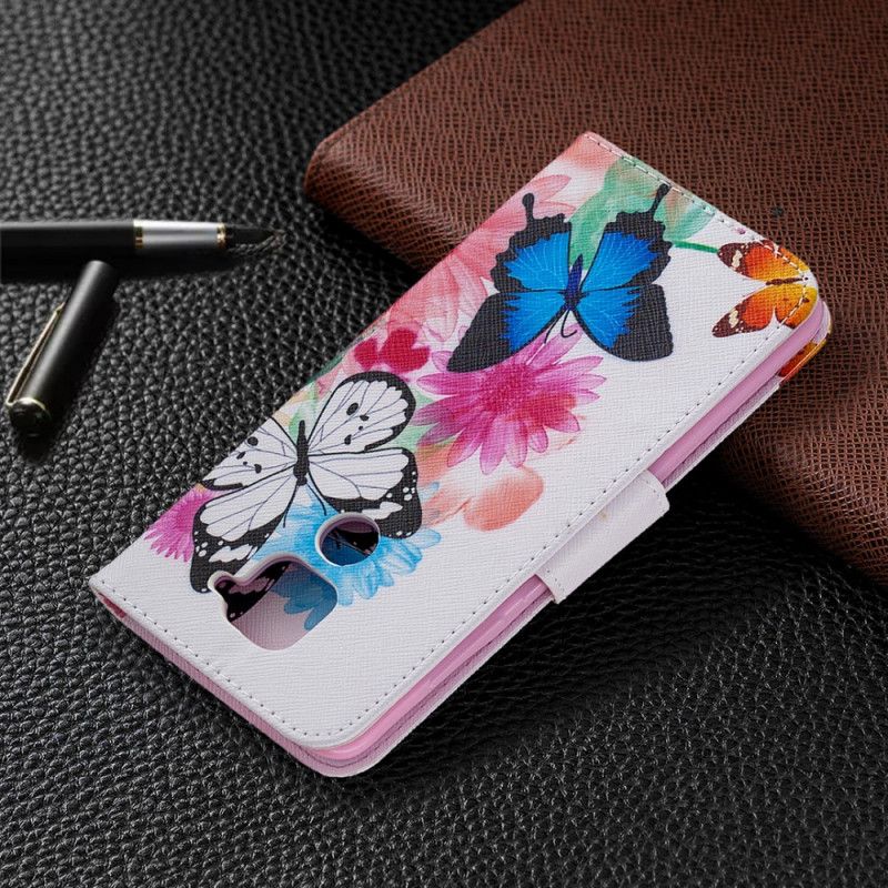 Lederhüllen Für Xiaomi Redmi Note 9 Magenta Bemalte Schmetterlinge Und Blumen