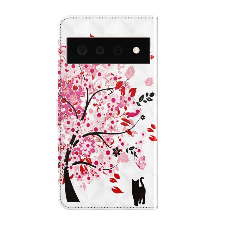 Lederhüllen Google Pixel 6 Pro Rosa Baum Und Schwarze Katze