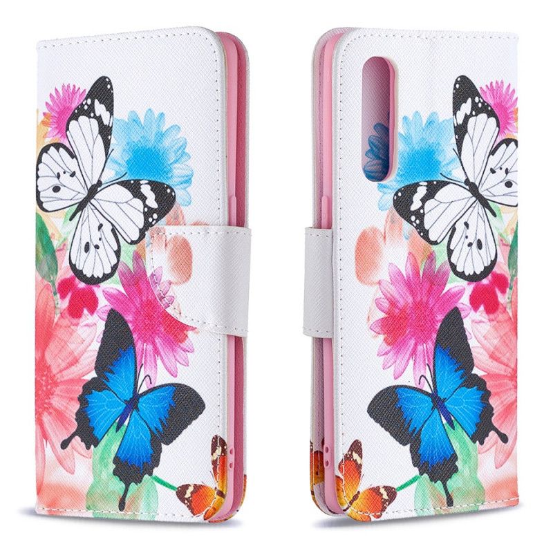 Lederhüllen Oppo Find X2 Neo Magenta Bemalte Schmetterlinge Und Blumen