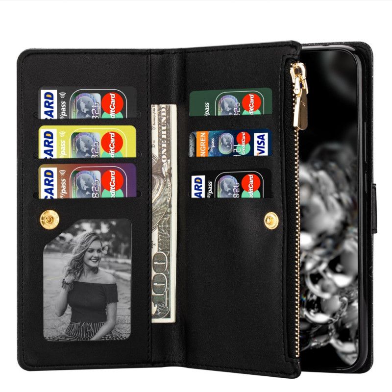 Lederhüllen Für Samsung Galaxy Note 20 Ultra Schwarz Brieftasche Mit Reißverschluss Aus Pailletten
