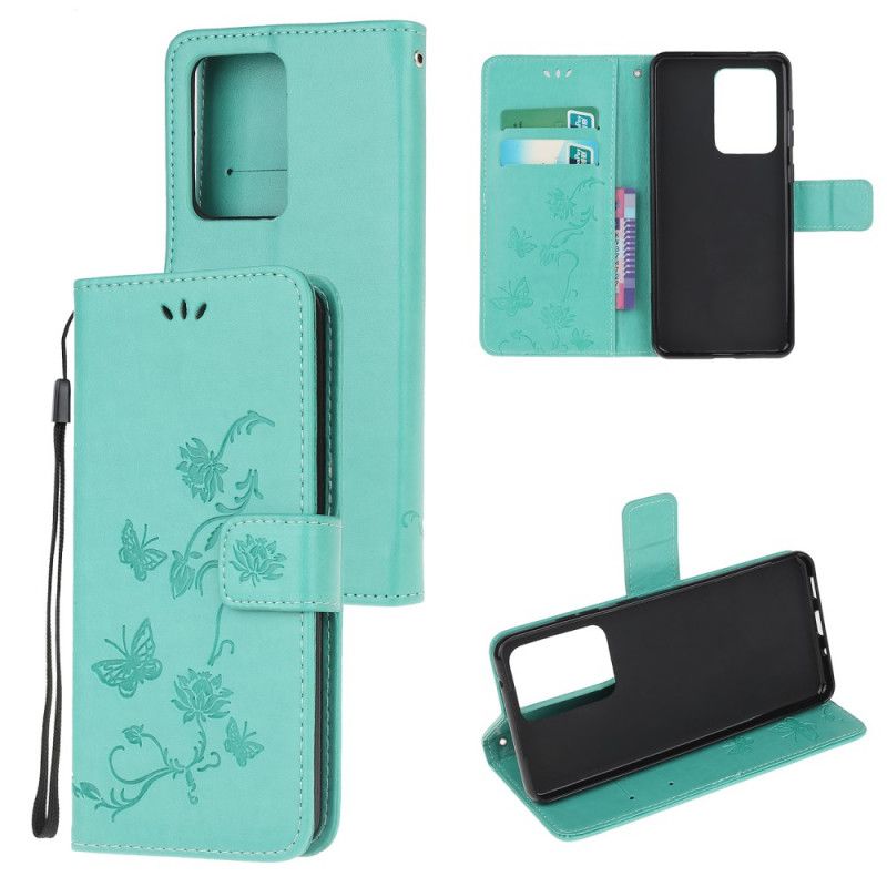 Lederhüllen Samsung Galaxy Note 20 Ultra Schwarz Handyhülle Schmetterlinge Und Tanga Blumen