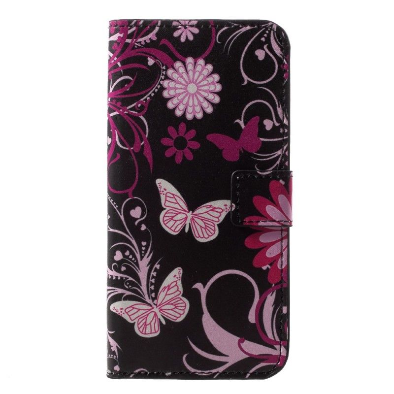 Lederhüllen Für Huawei P20 Lite Schwarz Schmetterlinge Und Blumen