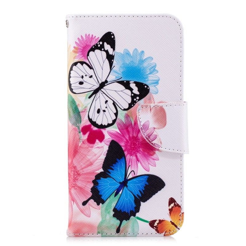 Lederhüllen Huawei P20 Lite Pink Bemalte Schmetterlinge Und Blumen