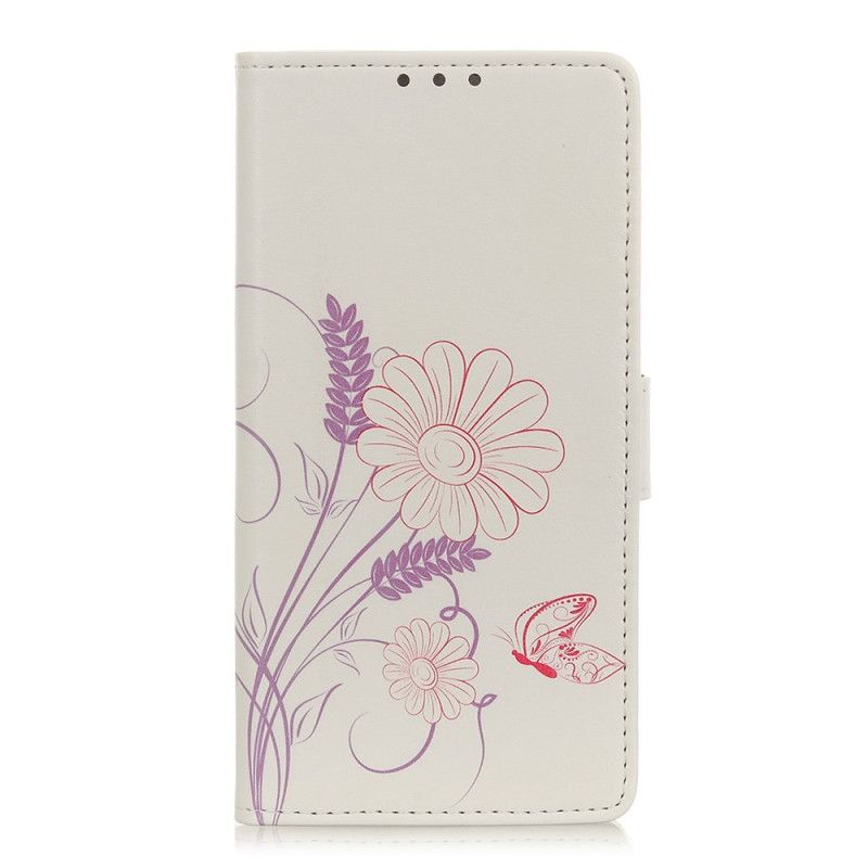 Lederhüllen Alcatel 3X (2019) Schmetterlinge Und Blumen Zeichnen