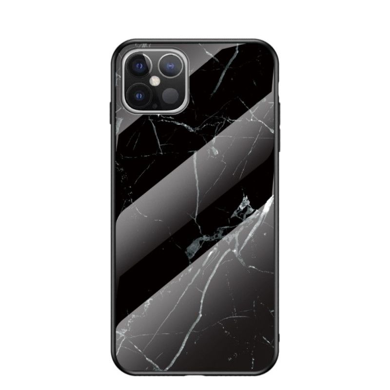 Hülle iPhone 12 Pro Max Schwarz Marmorfarben Gehärtetes Glas