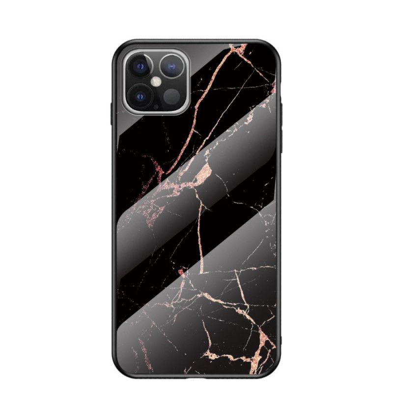 Hülle iPhone 12 Pro Max Schwarz Marmorfarben Gehärtetes Glas