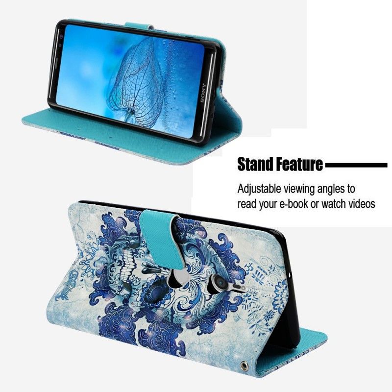Lederhüllen Sony Xperia XZ3 Handyhülle 3D Blauer Schädel