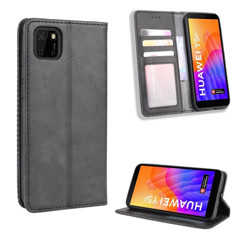 Flip Case Huawei Y5p Schwarz Stilisierter Vintage-Ledereffekt