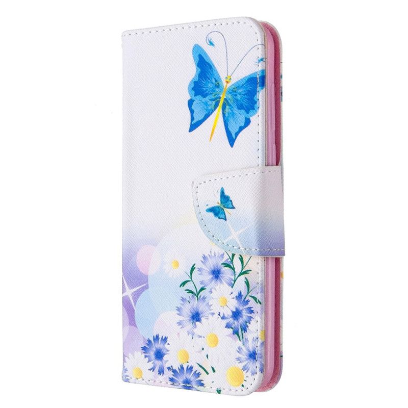 Lederhüllen Huawei Y5p Magenta Bemalte Schmetterlinge Und Blumen