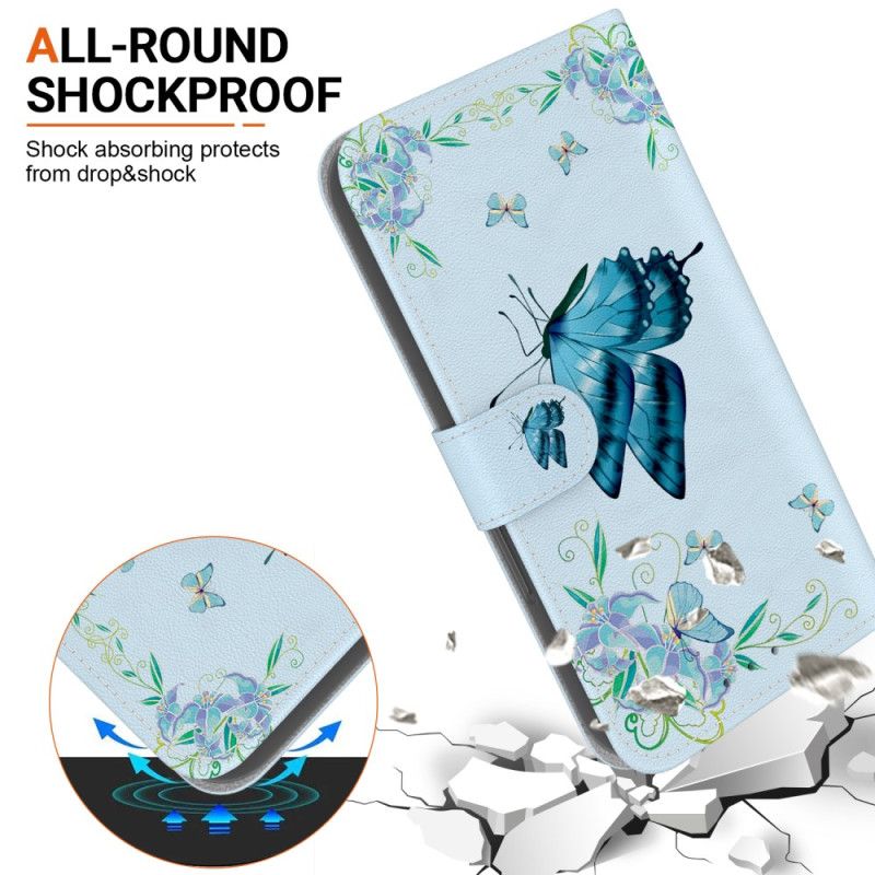 Lederhüllen Für Oneplus Nord 5 Blauer Schmetterling Und Blume