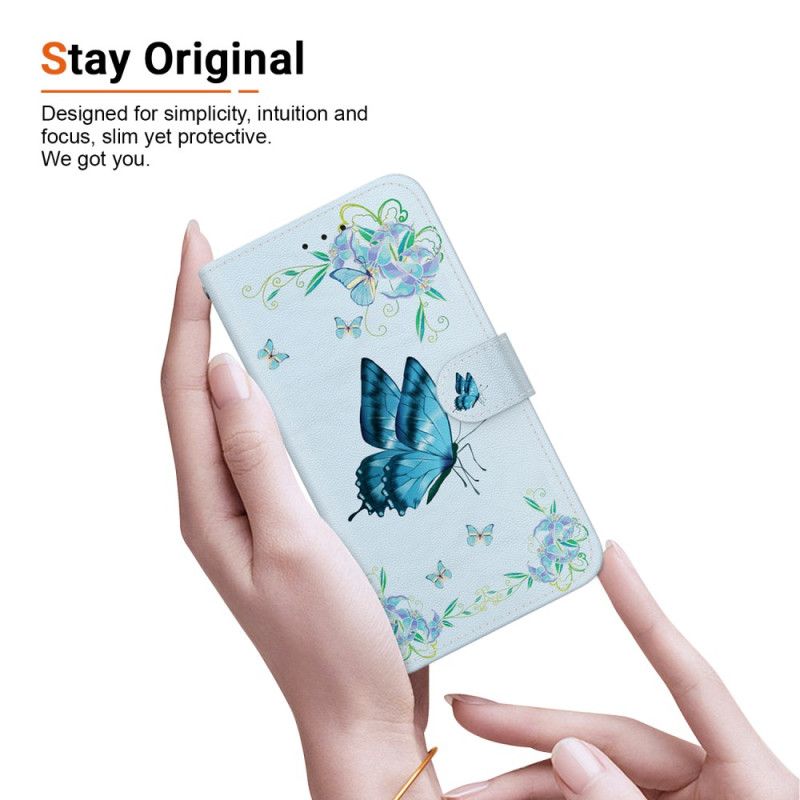 Lederhüllen Für Oneplus Nord 5 Blauer Schmetterling Und Blume