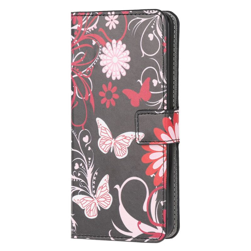 Lederhüllen Samsung Galaxy S20 Schwarz Schmetterlinge Und Blumen