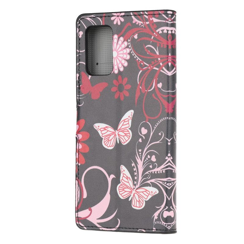 Lederhüllen Samsung Galaxy S20 Schwarz Schmetterlinge Und Blumen