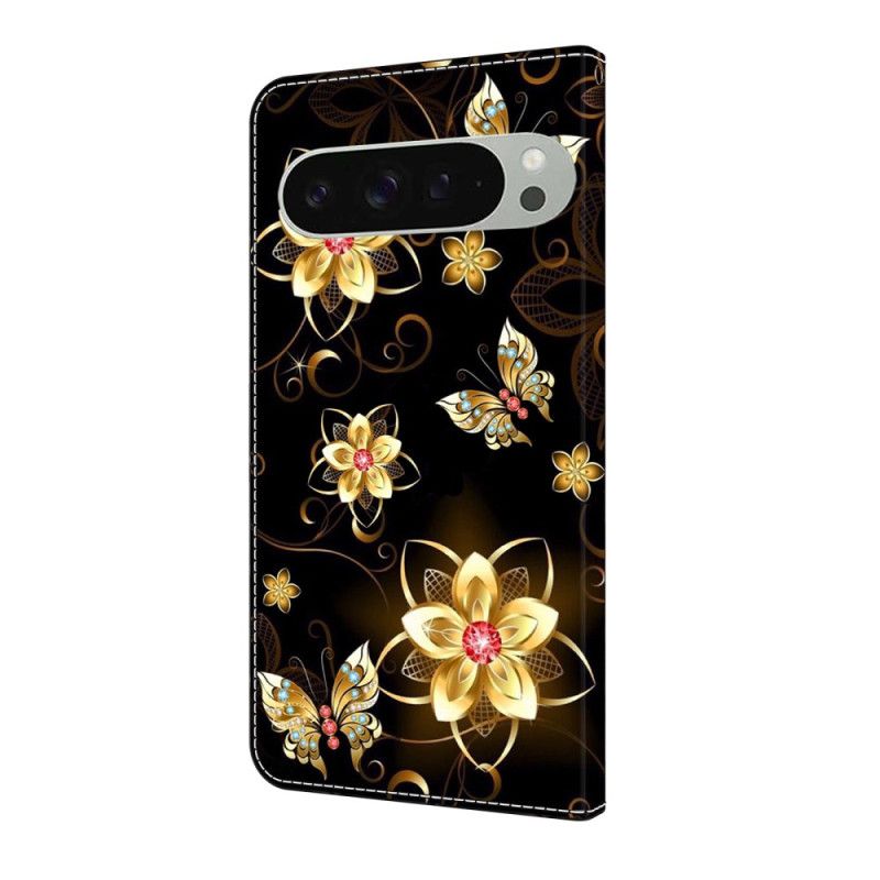 Lederhüllen Für Google Pixel 10 Pro Xl Goldene Blumen Und Schmetterlinge