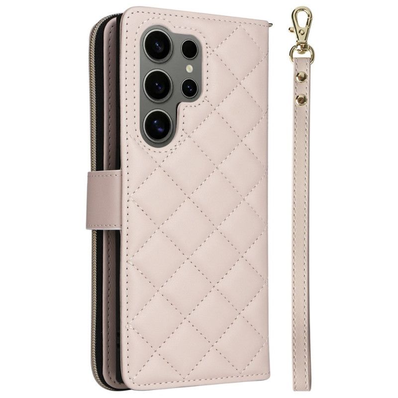Lederhüllen Samsung Galaxy S25 Ultra 5g Gesteppte Geldbörse Mit Riemen Und Schulterriemen