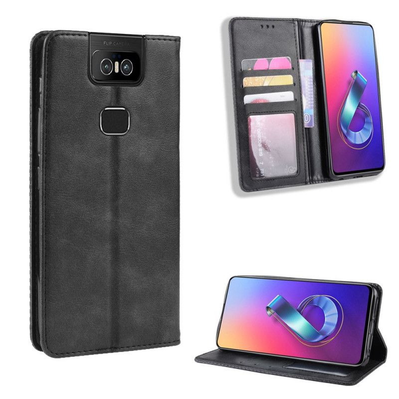 Flip Case Für Asus ZenFone 6 Schwarz Stilisierter Vintage-Ledereffekt