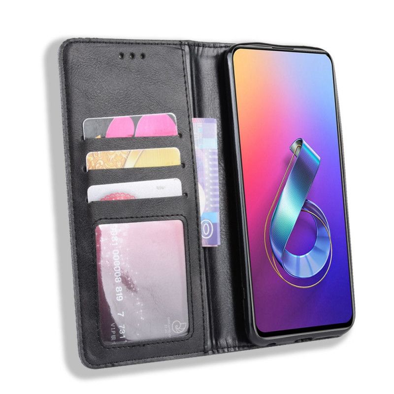 Flip Case Für Asus ZenFone 6 Schwarz Stilisierter Vintage-Ledereffekt