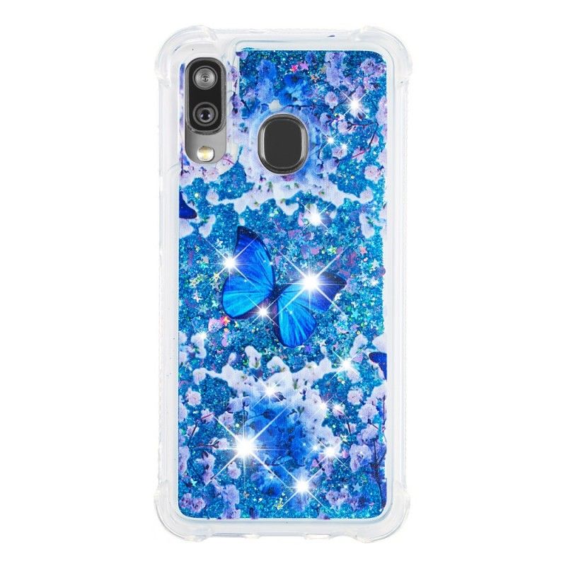 Hülle Für Samsung Galaxy A40 Blaue Glitzerschmetterlinge