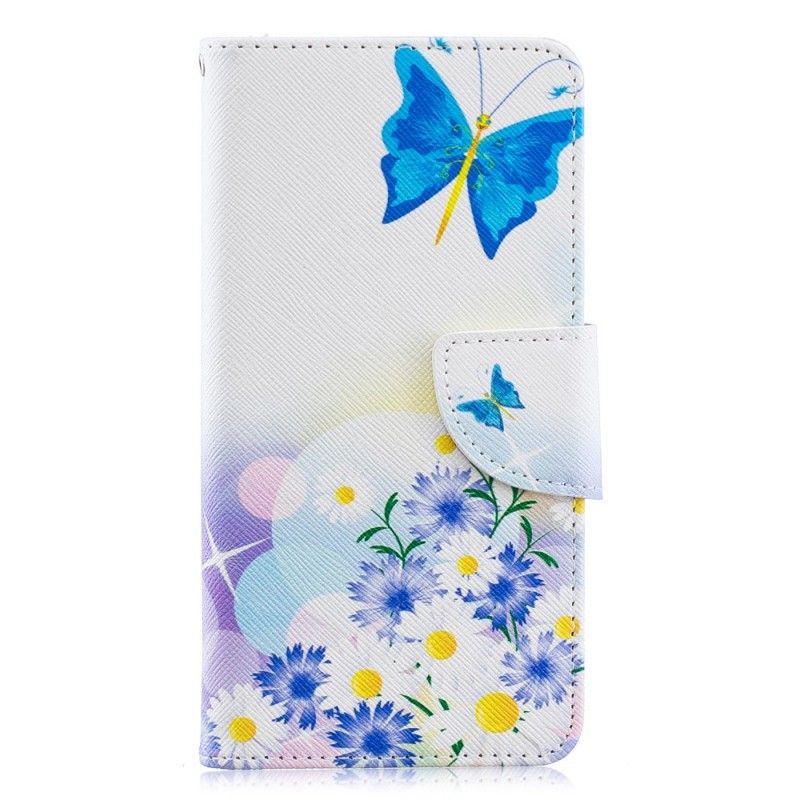 Lederhüllen Samsung Galaxy A40 Magenta Schmetterlinge Und Blumen Gemalt