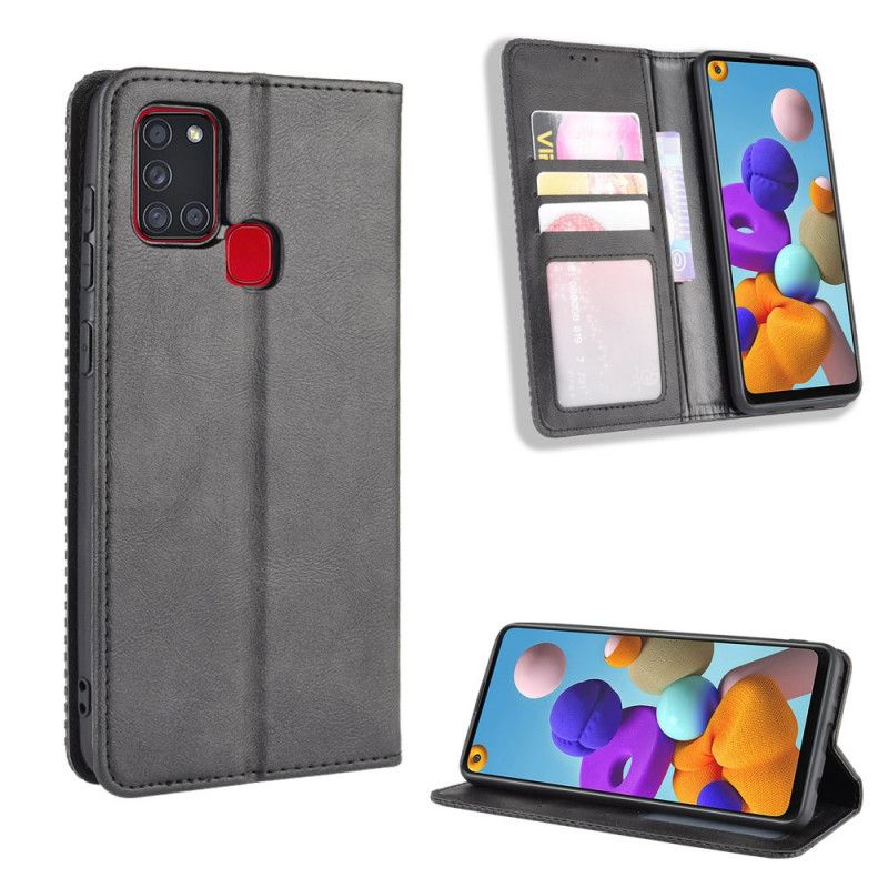 Flip Case Samsung Galaxy A21S Schwarz Stilisierter Vintage-Ledereffekt