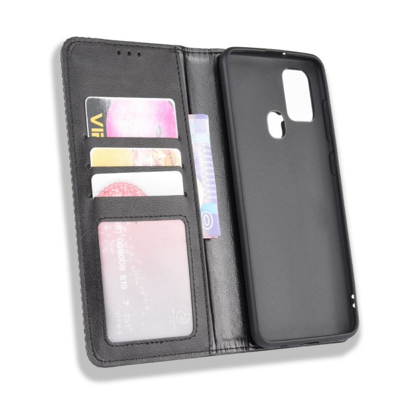 Flip Case Samsung Galaxy A21S Schwarz Stilisierter Vintage-Ledereffekt