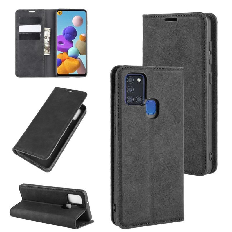 Flip Case Samsung Galaxy A21S Schwarz Weicher Ledereffekt