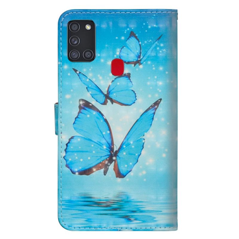 Lederhüllen Samsung Galaxy A21S Fliegende Blaue Schmetterlinge