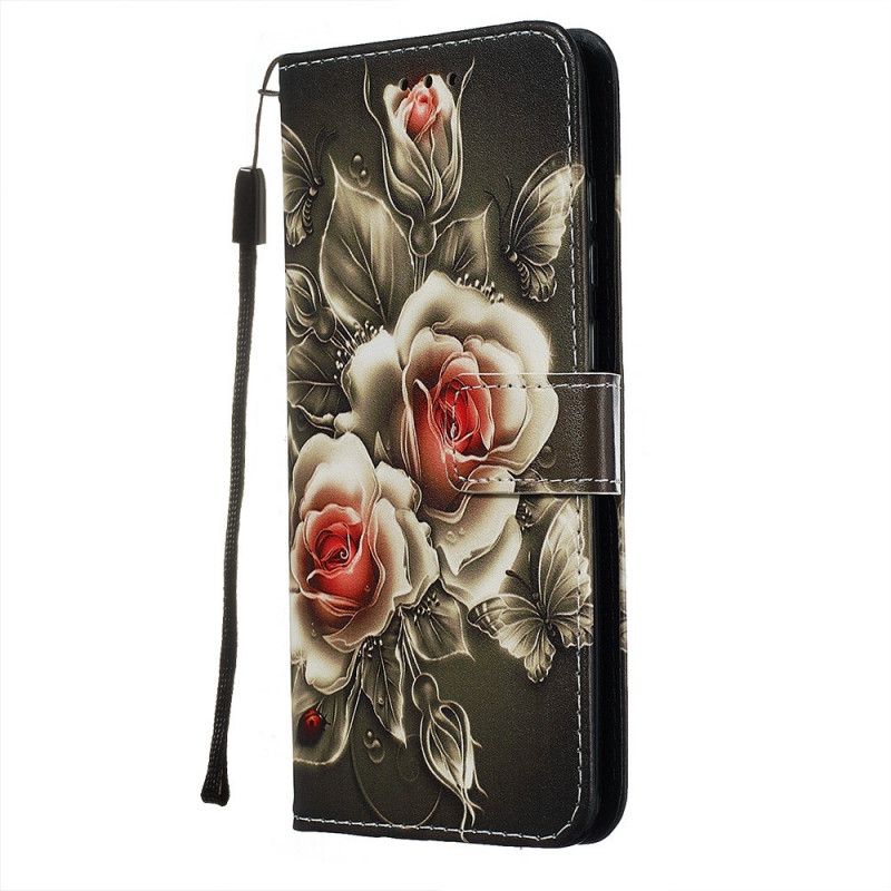 Lederhüllen Für Xiaomi Redmi Note 8 Pro Schwarze Rose Mit Riemen