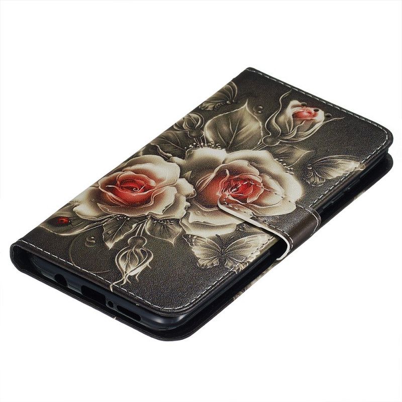 Lederhüllen Für Xiaomi Redmi Note 8 Pro Schwarze Rose Mit Riemen